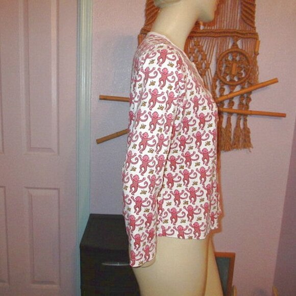 Roller Rabbit Monkey Print Pajama Top Size XS Soft Pima Cotton Henley Crop - Picture 5 of 10